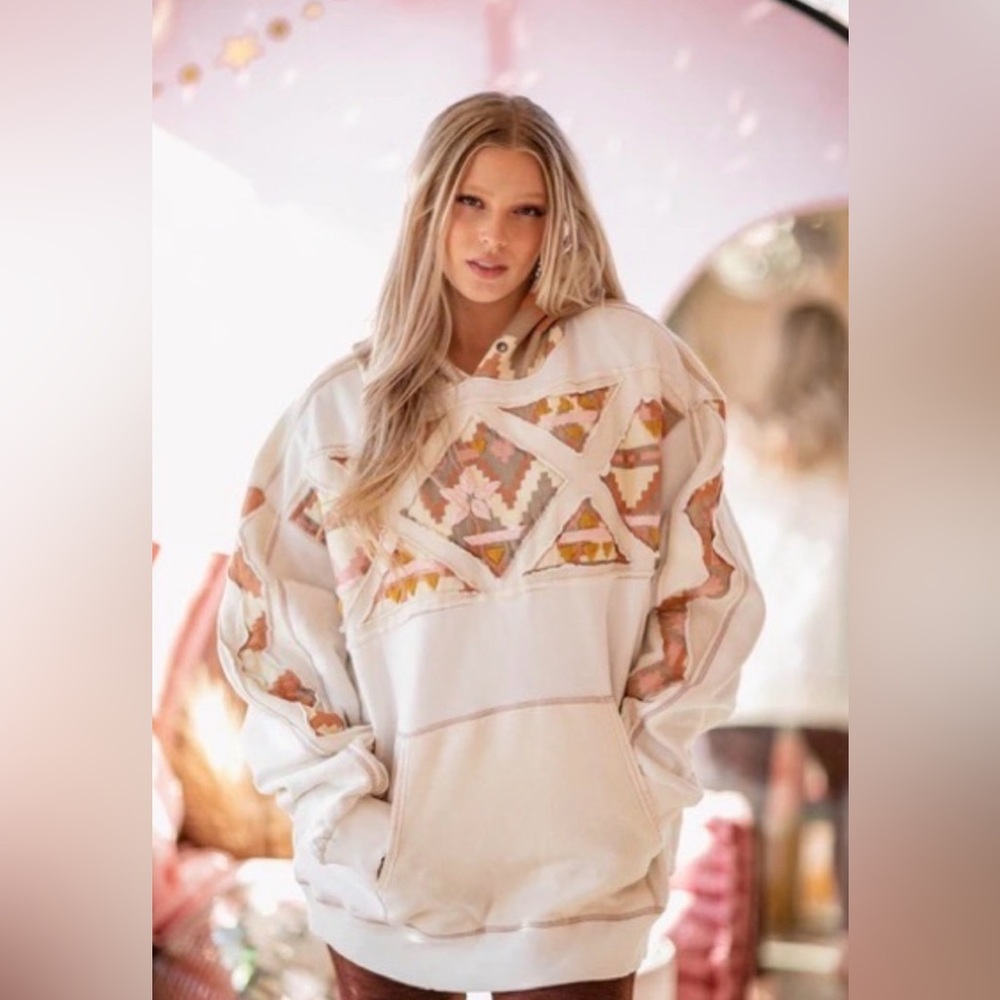 Free People Cream Embroidered Boho Pullover Hoodie with Pink & Tan Accents